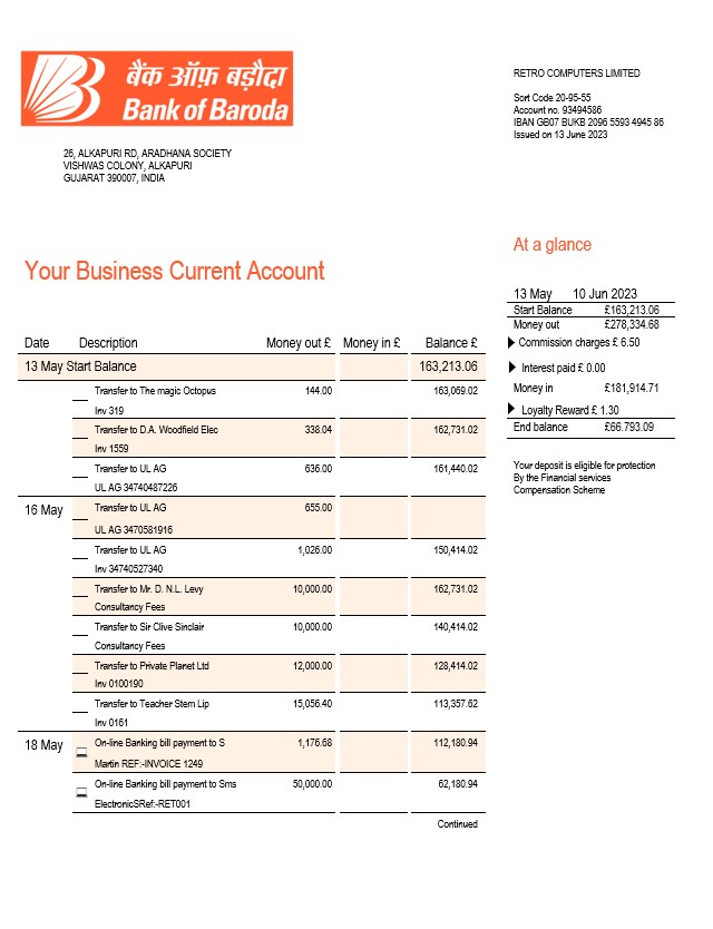 Modèle Word et PDF de relevé de compte courant de la société Bank of Baroda